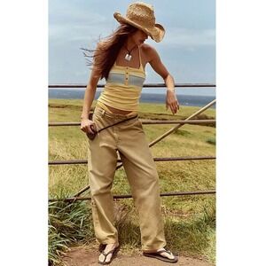 Free People Women's Khaki Canvas Utility Pants‎ Size 12 Wide Leg Casual Boho